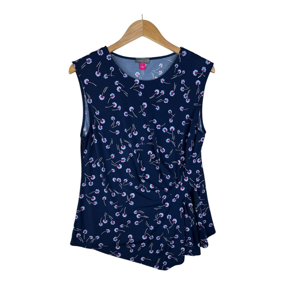 Vince Camuto Womens Pleated Asymmetrical Top Size Large‎ Floral Print Blue